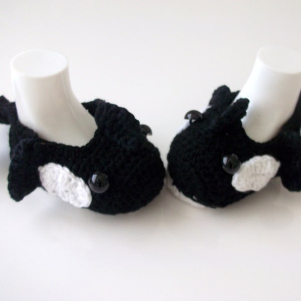 Cotton Crochet Baby Orca slippers, house shoes-Crochet Baby Booties-for Baby or Toddler-Crocheted Orca Whale -newborn boy slippers-animal