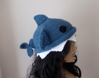 Indigo color Knit Shark hat-for  adult size