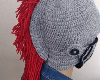 Crochet Knight Hat with fringe -Gladiator-Medieval knight helmet hat-Knight Hat with Movable and Detachable Face Mask-for fantasy