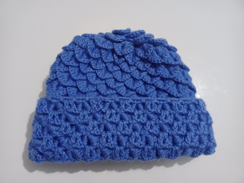 May include: A blue crocheted beanie hat with a textured pattern. The hat is made with a soft yarn and has a comfortable fit.