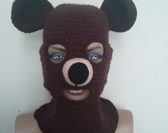 Crochet Bear mask with the snout- Knitted  Ski Hat-Unisex berets-snow hat face mask-winter full face mask-face cover