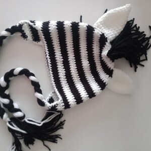 May include: Black and white striped crocheted zebra hat with a long tail and white ears.