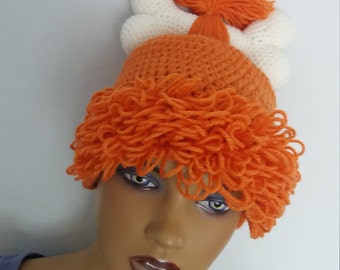 Orange Crochet Flintstone Inspired Pebbles  Wig Hat,Orange Hair Beanie with Swirl Bun,Baby Girl Halloween Costume