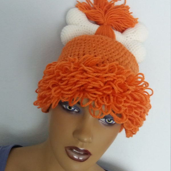 Orange Crochet Flintstone Inspired Pebbles  Wig Hat,Orange Hair Beanie with Swirl Bun,Baby Girl Halloween Costume