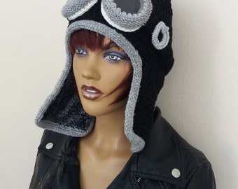 New Crochet Aviator Hat Set with Goggles-Black and gray-Photo Prop and it a functioning hat - adult size
