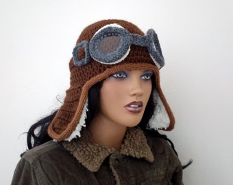 Crochet Aviator Hat Set with Goggles-Photo Prop and it a functioning hat - adult size