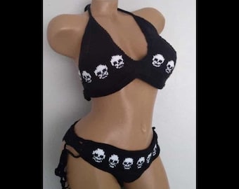 Crochet bikini top and brazilian bottom,Sexy womens Black Crochet Skull Bikini top and brazilian bottom,Sexy Black Crochet gothic clothing