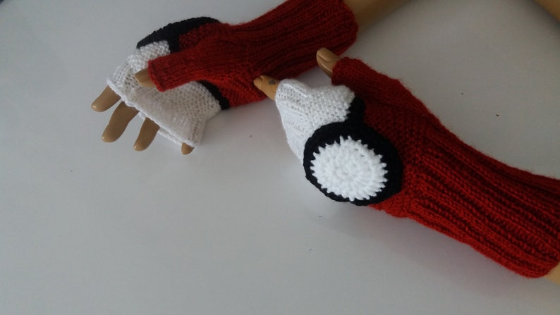 Knitting Pokeball Gloves,Knitted gloves,White and Red Fingerless,Pokemon Go Fans,Red,White,Black Fingerless Gloves image 6