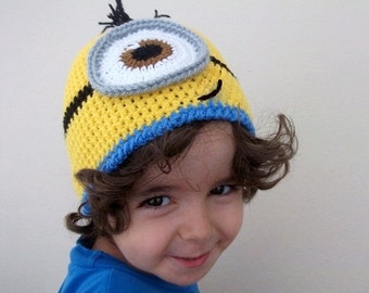 Minion Hats -Crochet Baby Yellow Minion Hat-halloween costume-twins-adult-One Eyed Minion hat- for Baby or Toddler-baby halloween outfits