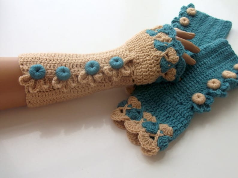 Oil Green and Camel Color Crochet Fingerless Gloves/oil-green button/Fingerless-Victorian gloves image 1