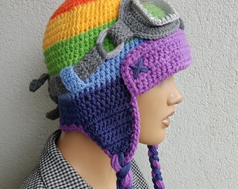 Crochet rainbow color aviator HAT,and with goggles-Unisex-Photo Prop and it a functioning hat- adult size