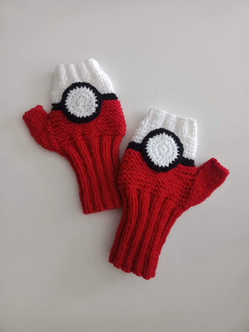 Knitting Pokeball Gloves,Knitted gloves,White and Red Fingerless,Pokemon Go Fans,Red,White,Black Fingerless Gloves image 7