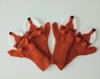 Knit  Fox Mittens Gloves- Hand Knit Fox Mittens-Adult Size- Made to order