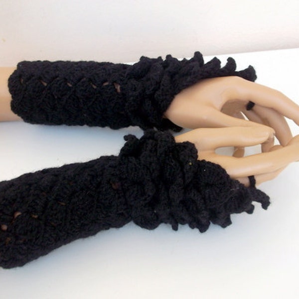 Crocodile Stitch Black Gauntlets-Fingerless Gloves