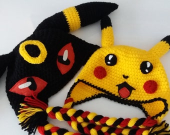 SET of 2 HATS,PIKACHU inspired hat and Umbreon inspired hat,kawaii clothing,halloween costume,adult hats,fun gifts,baby hats,toddler costume