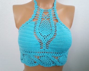 Crochet halter top,Crochet top -one strawberry,festival top,hippy top,crop top,Crochet Hippie,Fringe Top,Halter neck bralet topclothing