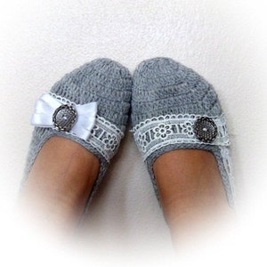 Light Gray Crochet Slippers with Lace-Please select one (A,B or C)-Adult Size