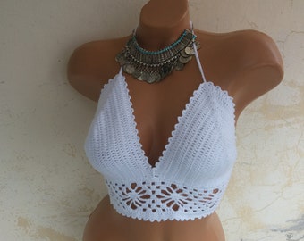 Crochet lace festival top,choose color,Crochet Hippie Fringe Halter Top,Summer,Bandeau Top,Crochet tank top