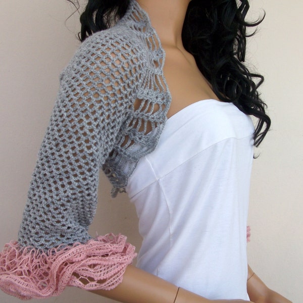 Grey Shrug or scarf-New Item- Frilly Shrug- Elegant Shrug - Any Season-Bolero-hand knitted, lace,variegated, super soft and stylish