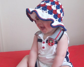 Crochet bucket hat-red white blue Fun Hat - Baby/Toddler/Children-Crocheted Baby  Hat-for Baby or Toddler-for girl baby hat
