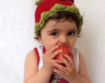 Red Apple Hat -Crocheted Baby  Hat  - for Baby or Toddler-Baby Girl or Boy Hat