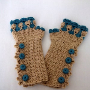 Oil Green and Camel Color Crochet Fingerless Gloves/oil-green button/Fingerless-Victorian gloves image 3