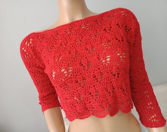 Crochet Crop Top,sleeves bell,Long sleeve top,showing belly,Womens Short Top,Crochet Belly Button Long Sleeve Sweater,Y2k Crochet Crop Top