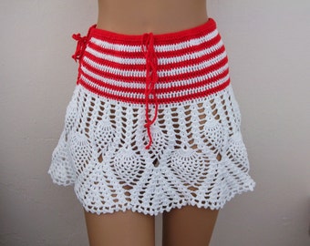 Summer crochet skirt, Red and White Hand crochet summer beach mini skirt or top-hippie beach-Lace blouse-strawberry patterned skirt