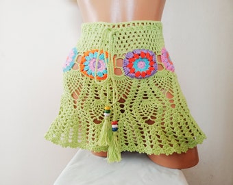 Colorful motif skirt-Summer skirt-crochet summer beach mini skirt or top- strawberry patterned skirt-hippie beach-Handmade