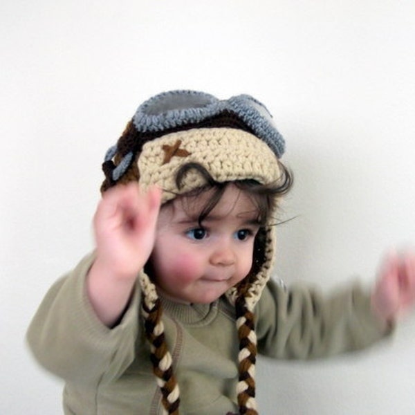 Crochet Aviator Hat Set with Goggles - tan and beige- for baby or children