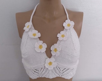 Knit lace festival top with daisy, festivals, Summer top, summer beach Bra,halter Top,Knitted swimwear lace bra,choose color