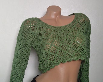 Crochet Crop Top,Long sleeve top,showing belly,Womens Short Top,Crochet Belly Button Long Sleeve Sweater,Hippie,Halter neck bralet top