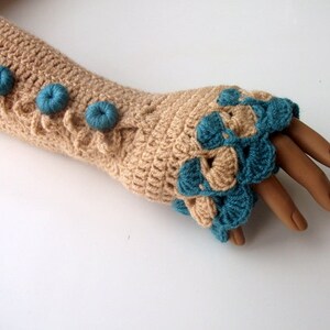 Oil Green and Camel Color Crochet Fingerless Gloves/oil-green button/Fingerless-Victorian gloves image 2