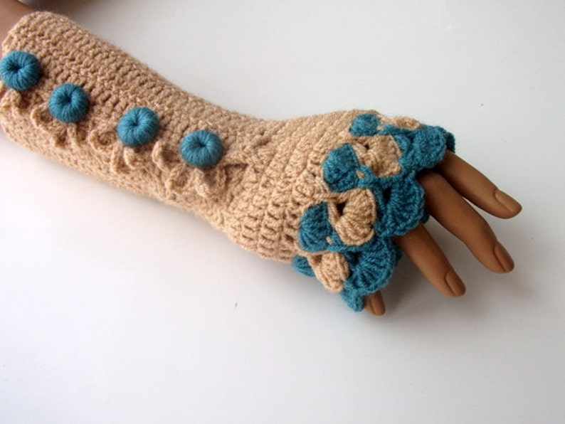 Oil Green and Camel Color Crochet Fingerless Gloves/oil-green button/Fingerless-Victorian gloves image 2