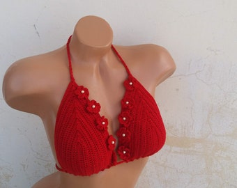 Crochet Tank top open back-with flowers-Crochet Halter Top- Bandeau Top-Fringe Halter Top-summer-Crochet Hippie