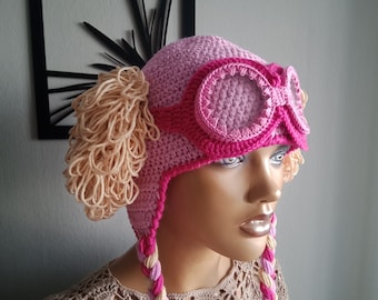 Cotton Girl Aviator Hat with glasses,Crochet halloween costume,christmas git,dog aviator,Inspired hat,crochet hat