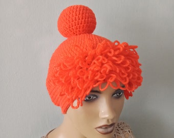 Crochet Wilma Flintstone Inspired Hat,Crochet Pebbles Wig Hat,Orange Hair Beanie,Baby Girl Halloween Costume