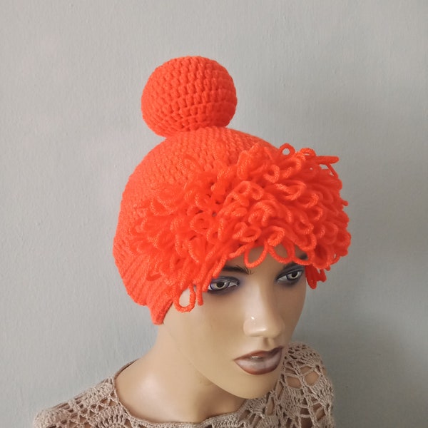 Crochet Wilma Flintstone Inspired Hat,Crochet Pebbles Wig Hat,Orange Hair Beanie,Baby Girl Halloween Costume