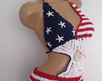 USA flag Triangle One Piece Crochet Monokini,Handmade Lace crochet,Boho chic,One piece swimsuit,Crochet festival top,crochet bikini cover up