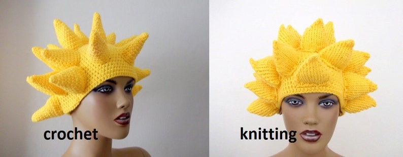 May include: Two yellow crocheted hats with a spiky design. The hat on the left is labeled "crochet" and the hat on the right is labeled "knitting".