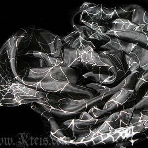 Black goth silk scarf with white spider web image 4