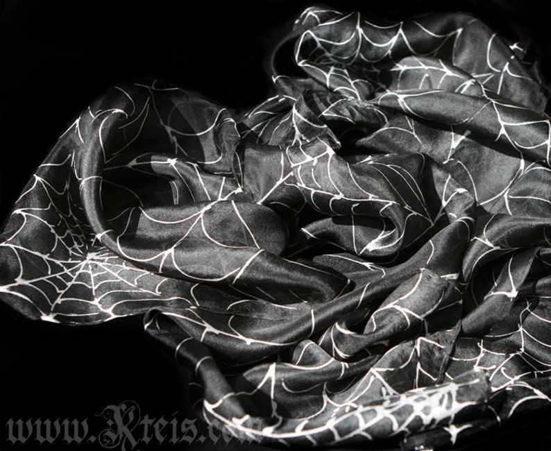 Black goth silk scarf with white spider web image 4