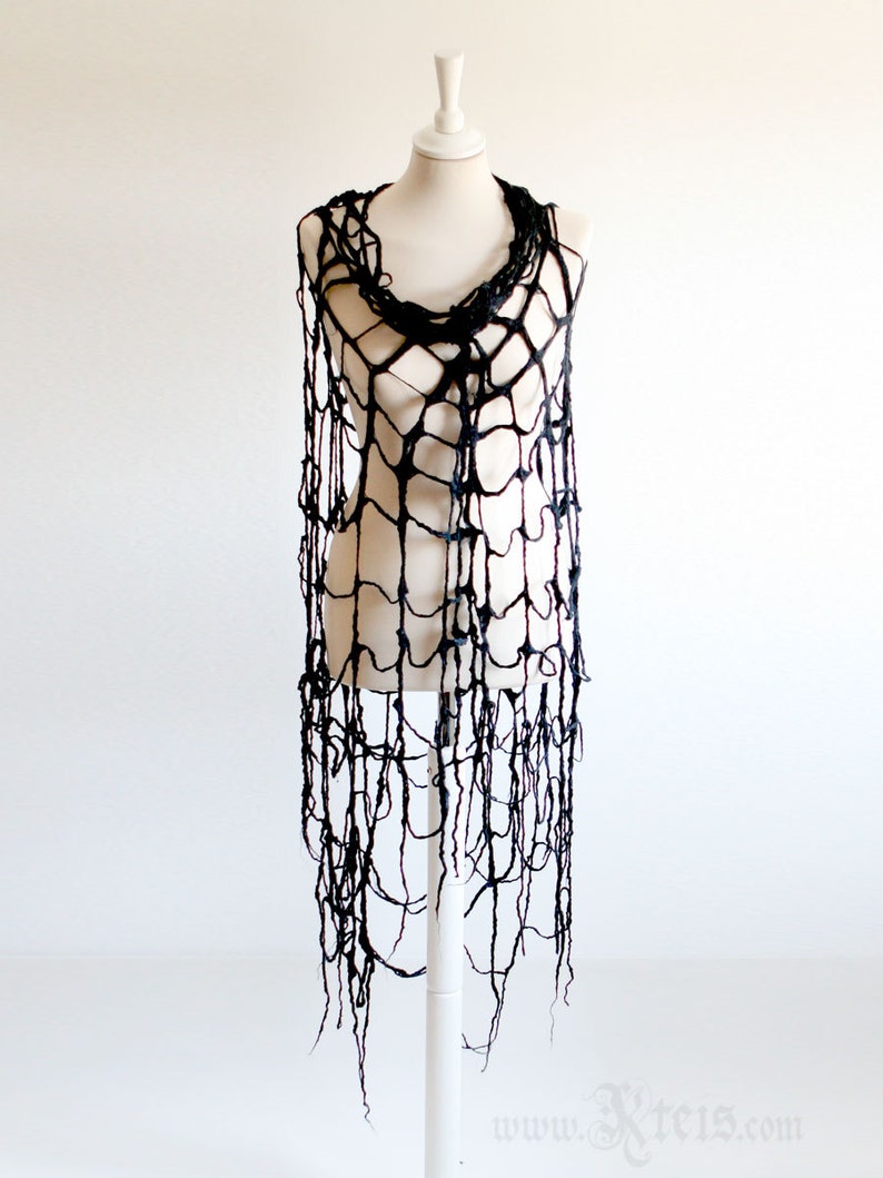 Spider Web Gothic Clothing Scarf Cobweb Felt Scarf Wrap in Black image 1