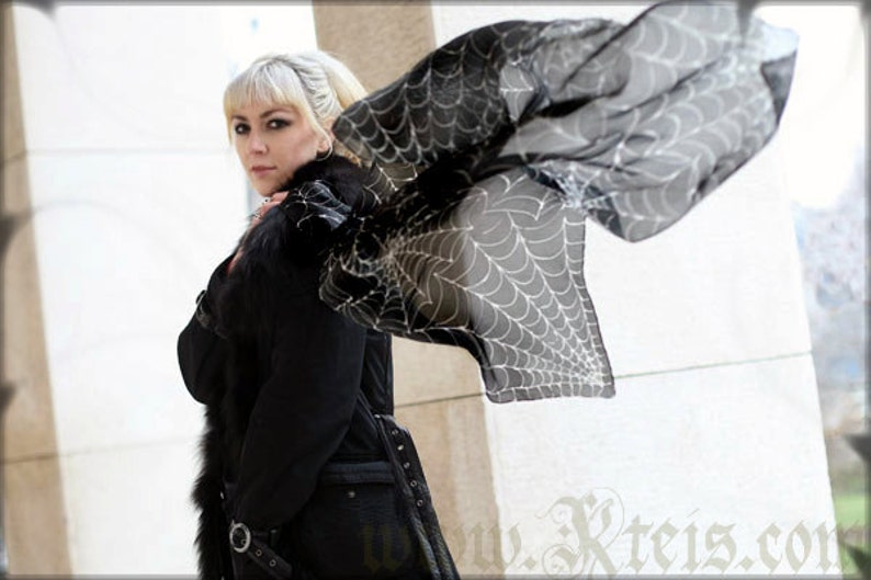 Black goth silk scarf with white spider web image 1