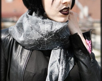 Noir silk scarf  with spiderweb - gothic fashion