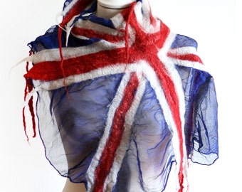 UK Flag Scarf - British Flag Nuno Felt Scarf - Wool and Silk Scarf