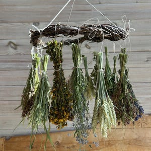 May include: A hanging mobile featuring a circular grapevine wreath base with multiple bundles of dried herbs, flowers, and wheat stalks suspended by white twine. The arrangement includes various green, yellow, and brown botanical elements.