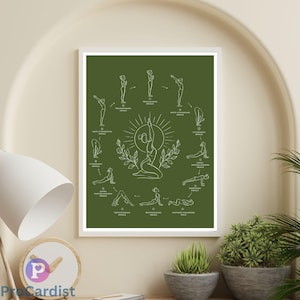 May include: A rectangular wall art print featuring a dark olive green background with white line art illustrations of a yoga sequence. The central figure is surrounded by a circular flow of twelve numbered poses with Sanskrit labels and arrows.