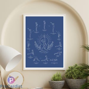 Pode incluir: Uma impressão de arte de parede retangular com fundo azul profundo e ilustrações de linhas brancas de poses de ioga dispostas em círculo. O centro mostra uma pessoa ajoelhada com os braços levantados, rodeada por passos numerados e texto.
