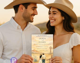 Op de afbeelding: Een trouwkaart met een aquarel illustratie van een stel in een veld met een windmolen. De uitnodigingstekst luidt "OLIVIA en DANIEL" en bevat de trouwdatum en -tijd. Het stel houdt de uitnodiging vast.